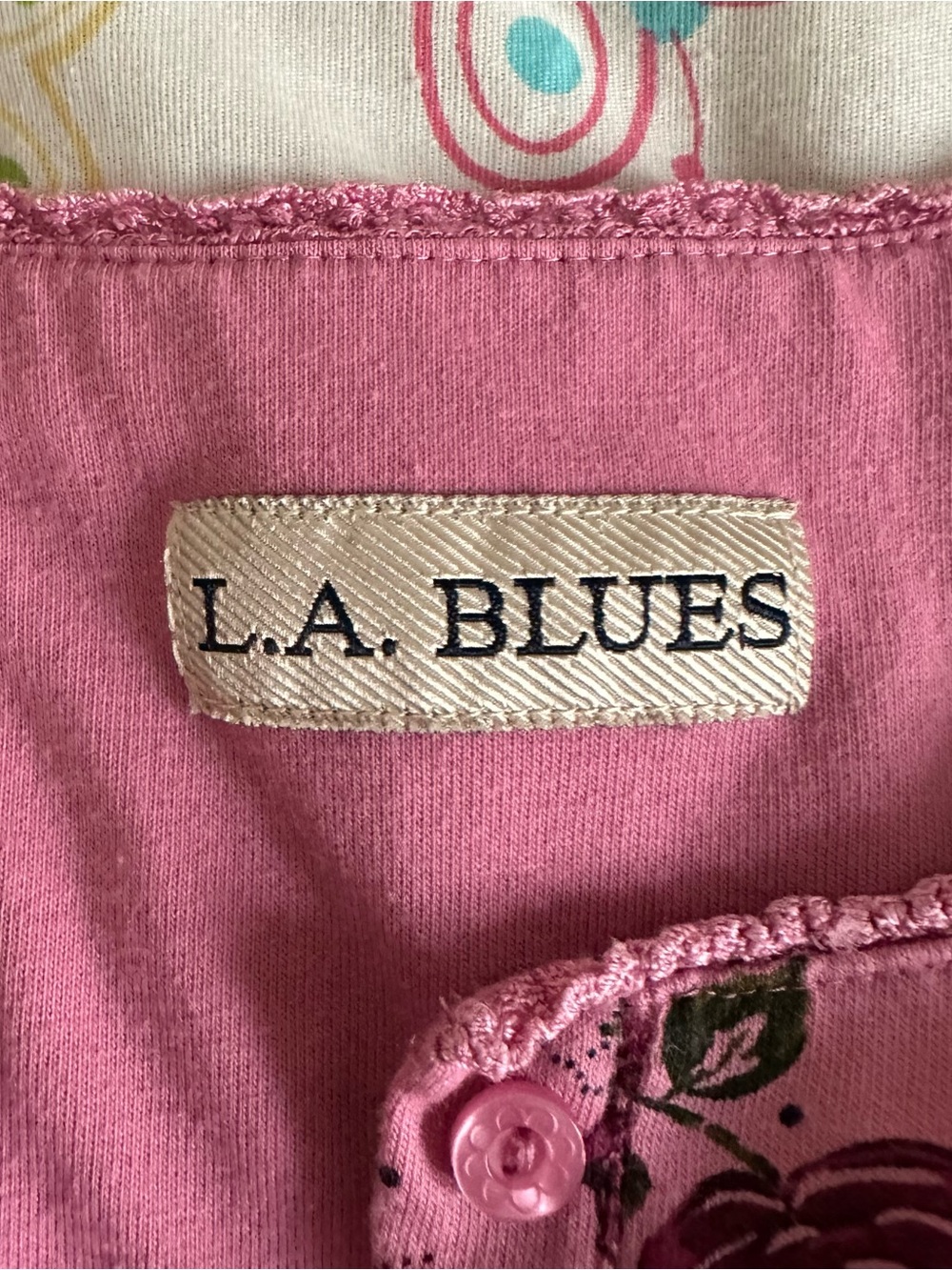 Vintage 90s L.A. Blues Pink & Purple Floral Paisley Print Long-Sleeve Henley Top - Picture 6 of 8